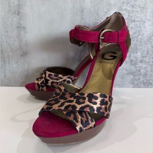 G by Guess Open Toe Red Suede and Leopard Print Heels Gold Buckle Size 6